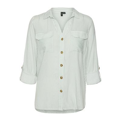 Hemdbluse VERO MODA "VMBUMPY L/S SHIRT NEW WVN GA NOOS", Damen, Gr. XL (42), grau (gray mist stripes:snow weiß), Web, Obermaterial: 100% Viskose, gestreift, modisch, regular fit, V-Ausschnitt, Langarm mit Riegel Manschette, Blusen Image
