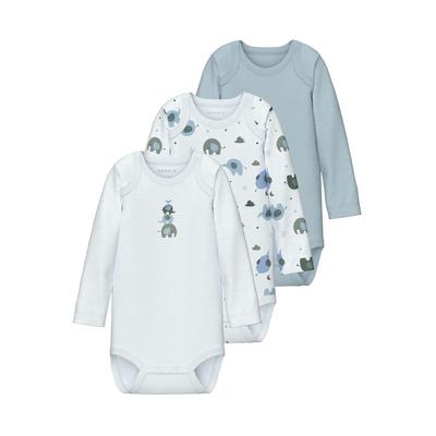 Schlafoverall NAME IT "NBMBODY 3P LS BABY ELEPHANT NOOS", Baby, Gr. 68, N-Gr, blau (baby blau), Jersey, Obermaterial: 100% Baumwolle, bedruckt, casual, regular fit, Rundhals, Langarm, Overalls Image