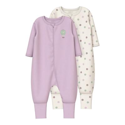 Schlafanzug NAME IT "NBFNIGHTSUIT 2P ZIP FF JET DOT NOOS", Kinder, Gr. 80, grün (jet stream), Jersey, Obermaterial: 100% Baumwolle, bedruckt, casual, regular fit knöchellang, Rundhals, Langarm, Homewear-Sets Image