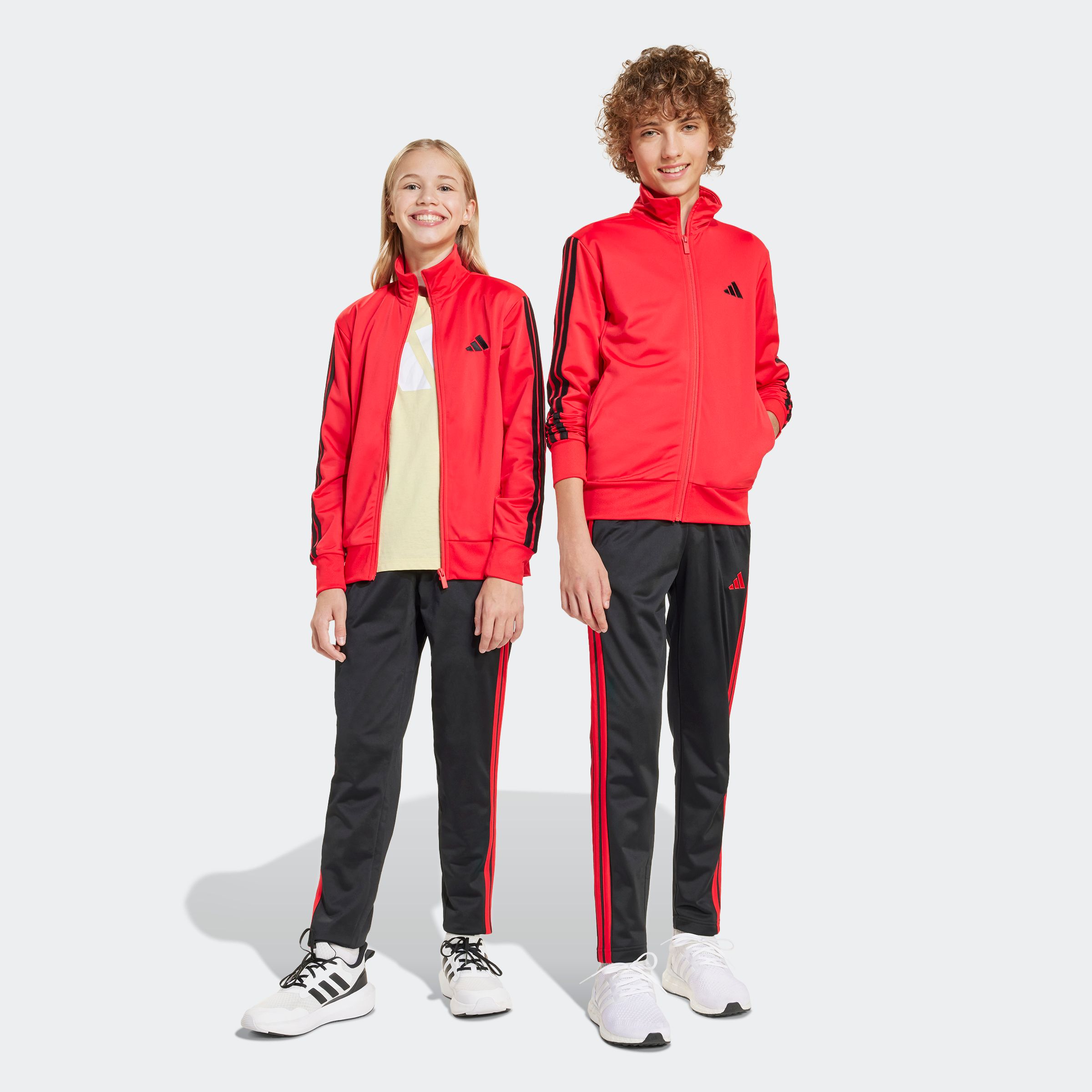 Trainingsanzug ADIDAS SPORTSWEAR "J 3S TR TS 205", Kinder, Gr. 140, rot (pure ruby, schwarz), Obermaterial: 100% Polyester, Sportlich, Sportanzüge Image