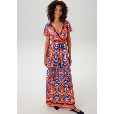 Maxikleid ANISTON CASUAL, Damen, Gr. 40, N-Gr, orange (orange, royalblau, marine, wollweiß), Single Jersey, Obermaterial: 95% Polyester, 5% Elasthan, bedruckt, gemustert, feminin, figurumspielend knöchellang, V-Ausschnitt, Kurzarm weit, Kleider, mit... Image