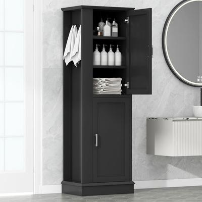 68 in. Tall Bathroom Freestanding Storage Cabinet, with Hooks and Adjustable Shelf, MDF Board