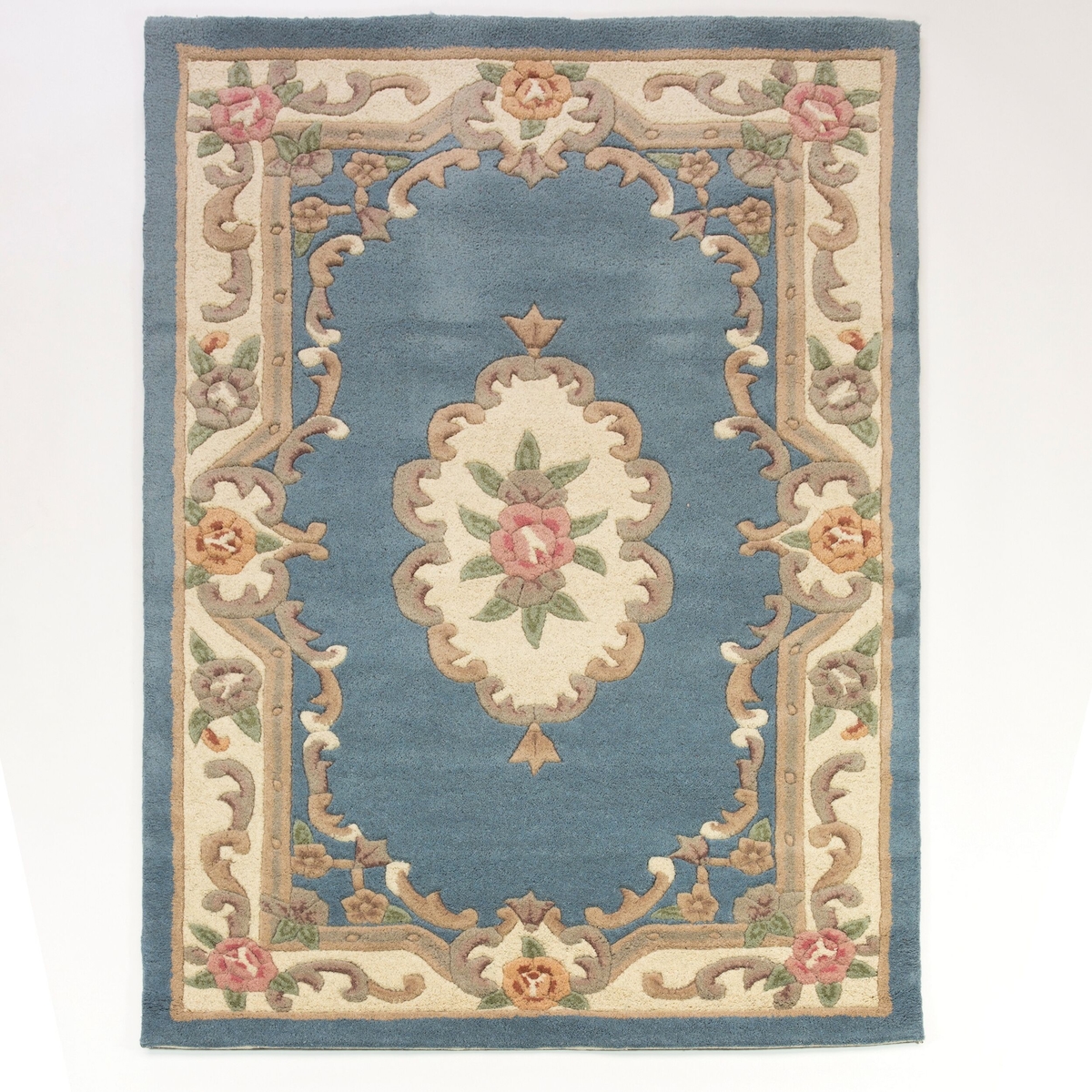 Traditioneller Wollteppich `Beauly` mit Handgeschnitzten Details. Farbe: Blau-Beige, 120x180 cm | Kadima Design Image