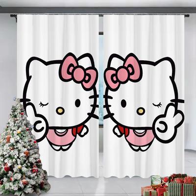 TEMU Christmas 2pcs Hello Kitty Cartoon Printed Noren Doorway Curtains Blackout Curtains For Home Decor Rod Pocket Window Treatment For Bedroom, Office, Kitchen, Living Room, And Study Image