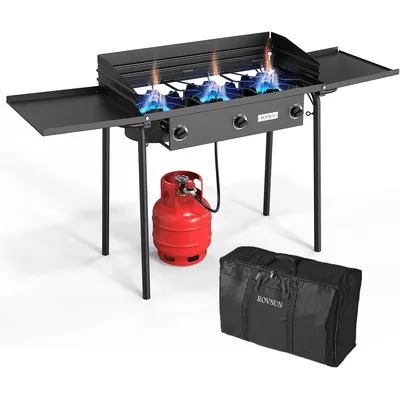 3 Burner Propane Gas Stove with Side Shelf & Carrying Bag, 225,000BTU Outdoor Burner with Wind Panel