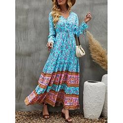 Damen Maxikleid Freizeitkleid Schwingkleid Langärmliges Boho-Kleid A Linie Kleid Bohemien Lässig Urlaub Täglich Normale Passform Blumen Langarm V Ausschnitt Gelb Rosa Blau Frühling Herbst