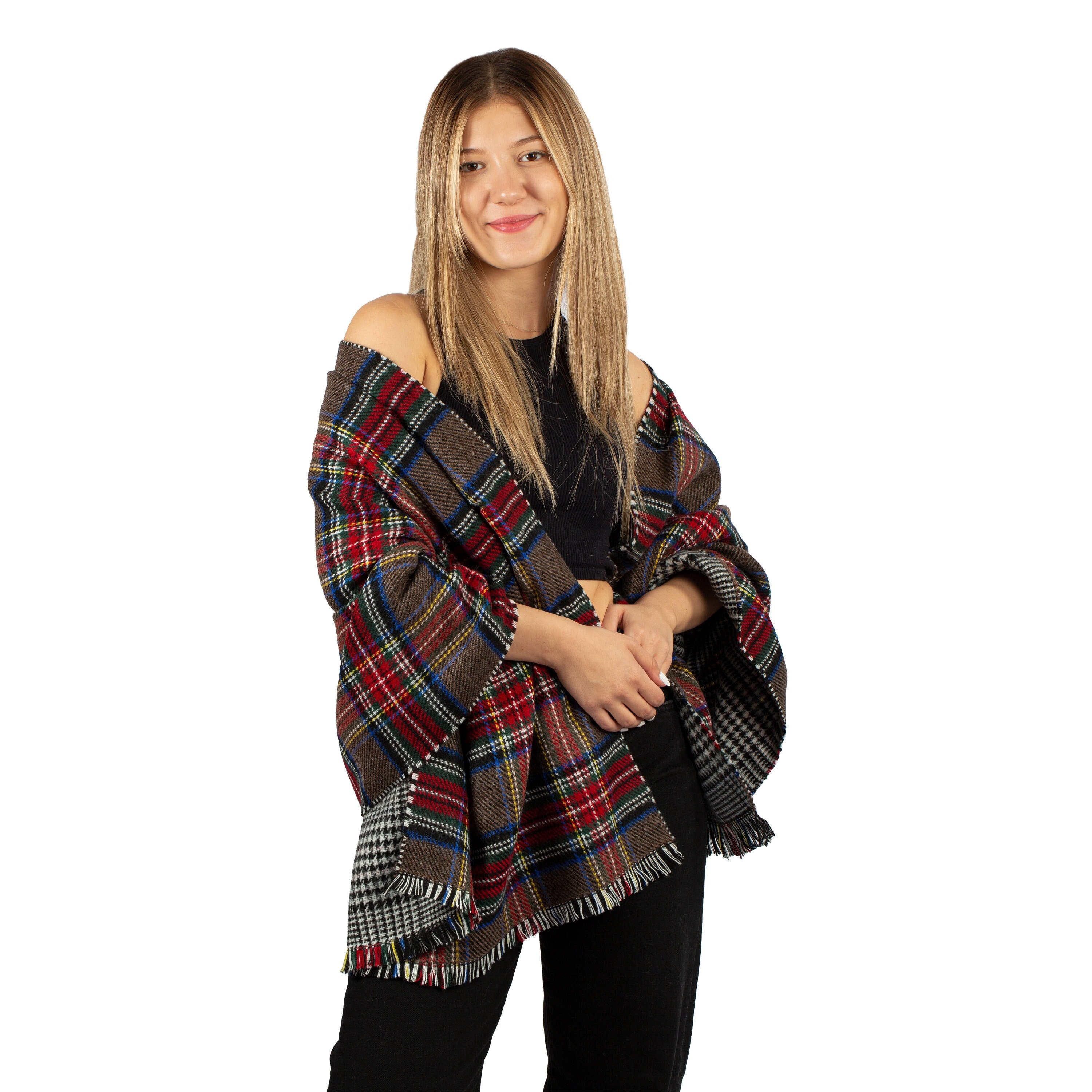 Sciarpa oversize invernale a quadri marroni da donna, scialle invernale, sciarpa coperta bifacciale da donna, scialle caldo invernale in pashmina, reg