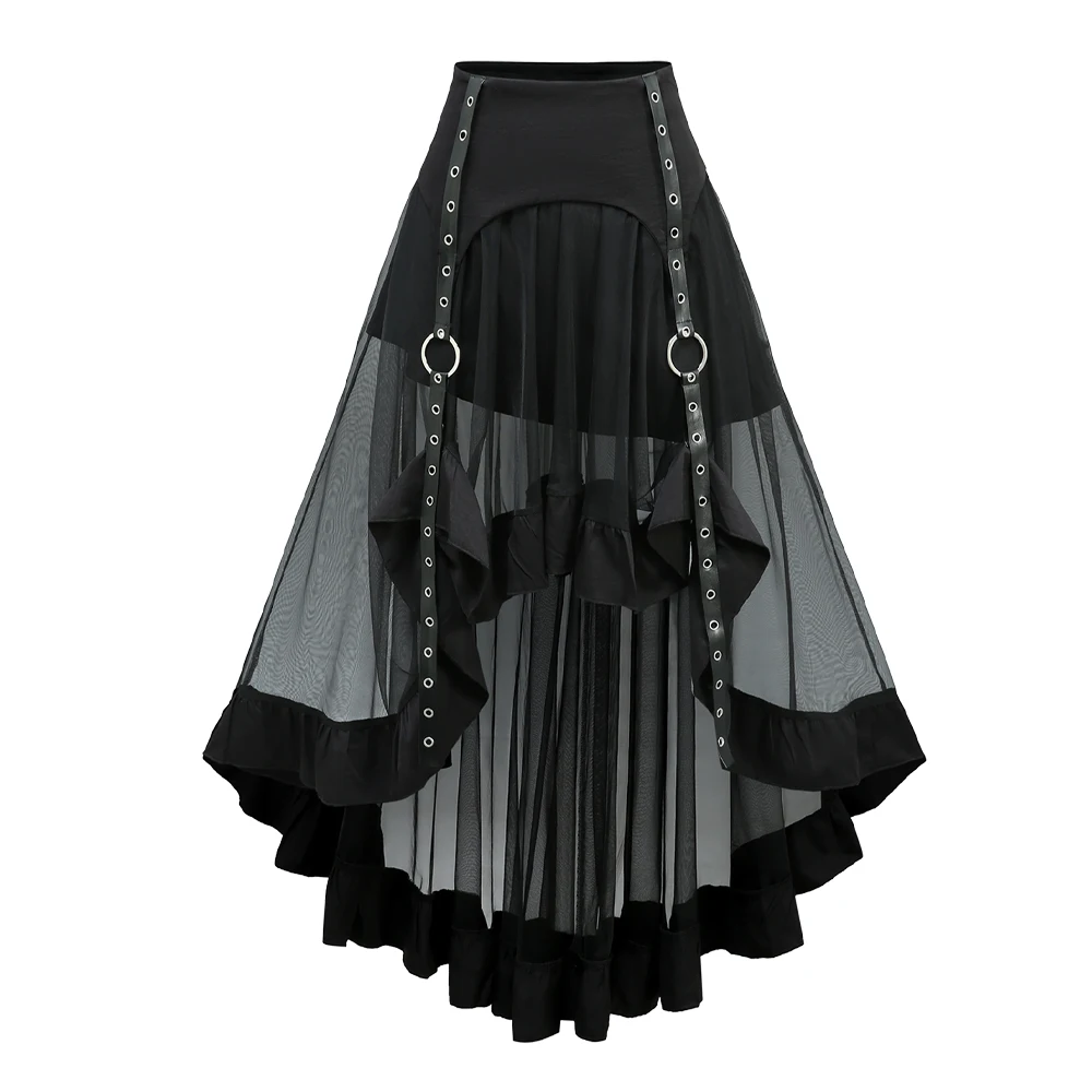 Gotischer Rock mit Ösen, Streifen, Transparentem Netzstoff und Rüschen, Schwarz, Punk-Kostüm, Asymmetrischer Rock für Damen Image