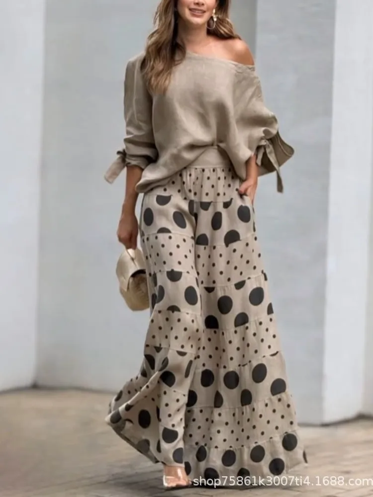 Neue Casual Set Mode High Street Outfits Casual Diagonal Neck Hohl Neun-viertel Top Lose Polka Dot Gedruckt Bein hosen Anzug