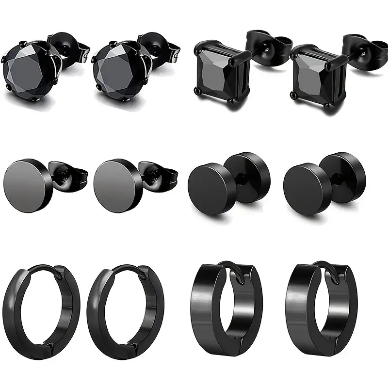 1 Paare Schwarz Edelstahl Runde Quadratische Zirkonia Stud Ohrstecker Barbell Schraube Zurück Studs Hip Hop Hoop Ohrringe für Männer Image