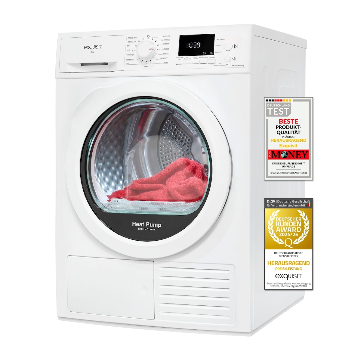 Exquisit Wärmepumpentrockner 9kg - leise Trcknung mit Knitterschutz, digitaler Anzeige & Schuhtray - TWP903-410 weiss Image