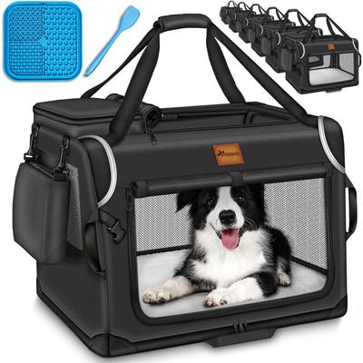 Tresko - Hundebox faltbar Schwarz (l 70x52x52cm) inkl. Leckmatte und Spatel Transportbox für Hunde