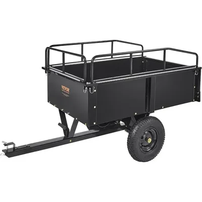 Heavy Duty ATV Trailer Steel Dump Cart Tow Behind, 750 lbs 15 Cubic Feet, Garden Utility Trailer