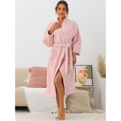 Women's Fluffy Fleece Robe Long Sleeve Thick Plush Self Tie Long Bathrobe