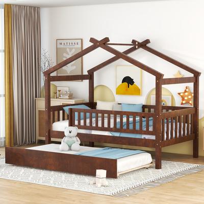 Creativity Wooden House Bed with Roof, Fence and Twin Size Trundle, Space-saving, Solid Construction, Twin Size
