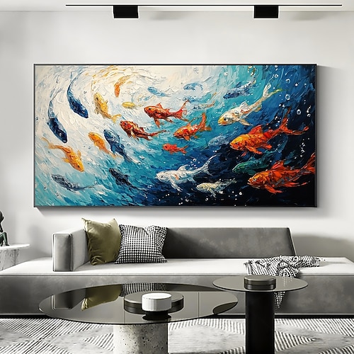 handgemachtes Original buntes Fischgemälde Ölgemälde auf Leinwand abstrakte Textur Fischschule Gemälde Wandkunst für Wohndekor mit gespanntem Rahmen/ohne Innenrahmen Gemälde Image