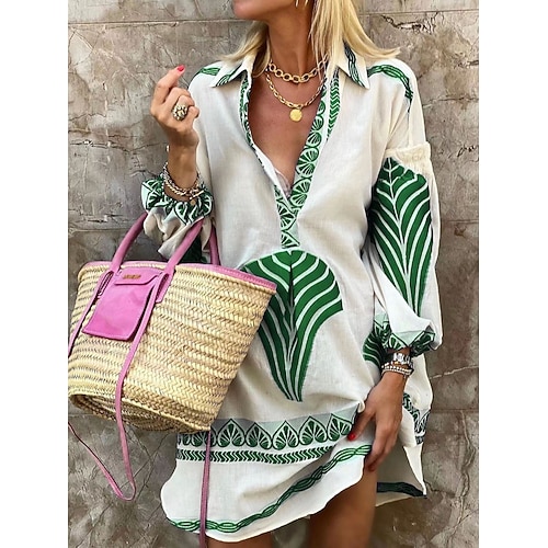 Damen Minikleid blusenkleid Casual kleid Brautkleider schlicht Täglich Regular Fit Geometrisch Langarm Hemdkragen Schwarz Blau Grün Sommer Frühling Herbst Image