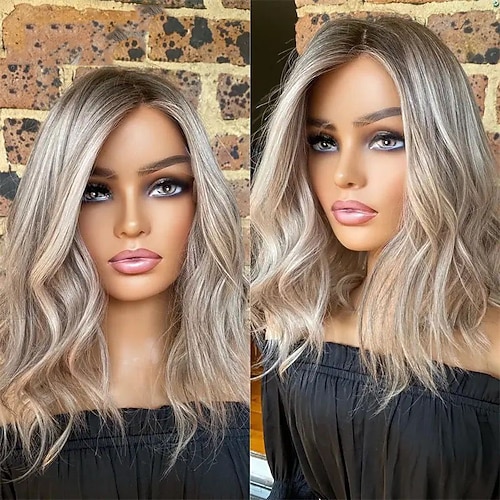Remy Menschenhaar 5x5 Verschluss 13x4 Spitzenfront Perücke Kurzer Bob Stufenhaarschnitt Brasilianisches Haar Wellen Mehrfarbig Perücke 130% 150% Haardichte mit Babyhaar Strähnchen / Balayage-Technik Image