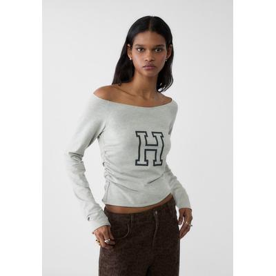 Stradivarius Boat neck T-shirt with letter Grey melange L