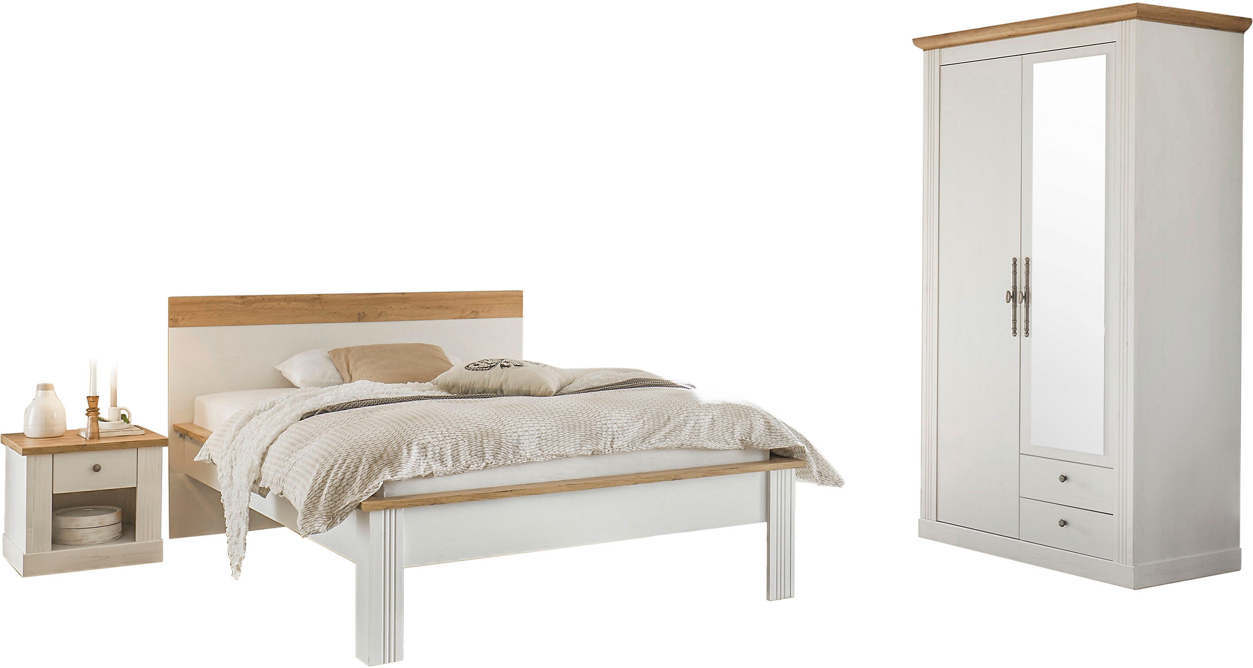 Schlafzimmer-Set HOME AFFAIRE "Westminster", weiß, B/H: 140cm x 200cm, Schlafzimmermöbel-Sets, beinhaltet 1 Bett, Kleiderschrank 2-türig und 1 Nachtkommode
