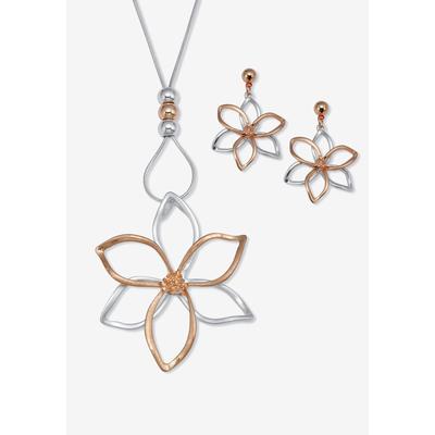 Women's 14K Rose-Plated Flower Drop Earring And Necklace Set 36-Inch by PalmBeach Jewelry in Gold