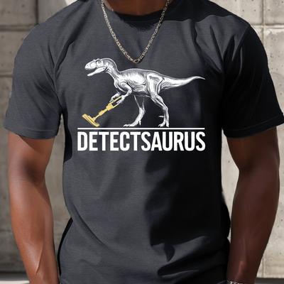 TEMU Dinosaur Metal Detector Graphic Tee For Men - Casual Short Sleeve, Breathable Polyester, Summer Fashion T-shirt Image