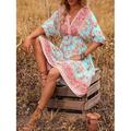 Femme Robe mi-longue Robe casual Robe Trapèze robe boheme Robe d'invité de mariage bohème Ethnique Décontractées Vacances du quotidien Standard Floral Manches 3/4 Col V Noir bleu marine Bleu clair