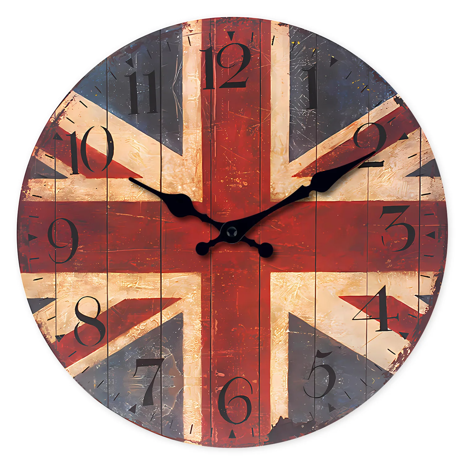 Retro-Wanduhr aus Holz mit britischem Flaggenmuster, Wohnzimmer, Schlafzimmer, Küche, Heimdekoration, Stille Quarzuhr, Weihnachtsgeschenk, 25,4 cm, 30,5 cm, 40,6 cm (ohne Batterien) Image