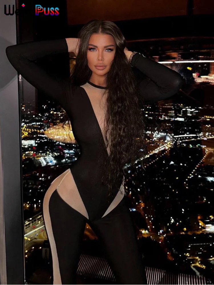 Weird Puss Patchwork Kontrast Overall Frauen Oansatz Stretch Dünne Volle Hülse Herbst Trend Sportliche Casual Aktivität Chic Overalls Image