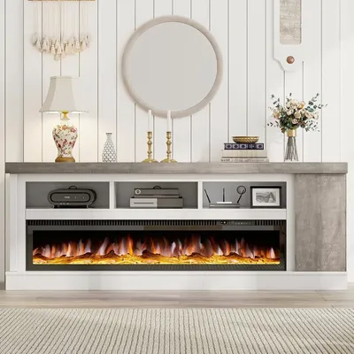75" Fireplace TV Stand with 60" Glass Electric Fireplace, Rustic Media Entertainment Center with