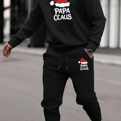 TEMU Men's Casual Christmas Papa Claus Crew Neck Sweatshirt And Jogger Set – Fall/winter Long Sleeve Knit Outfit, 100% Polyester Regular Tracksuit With Stretch Image
