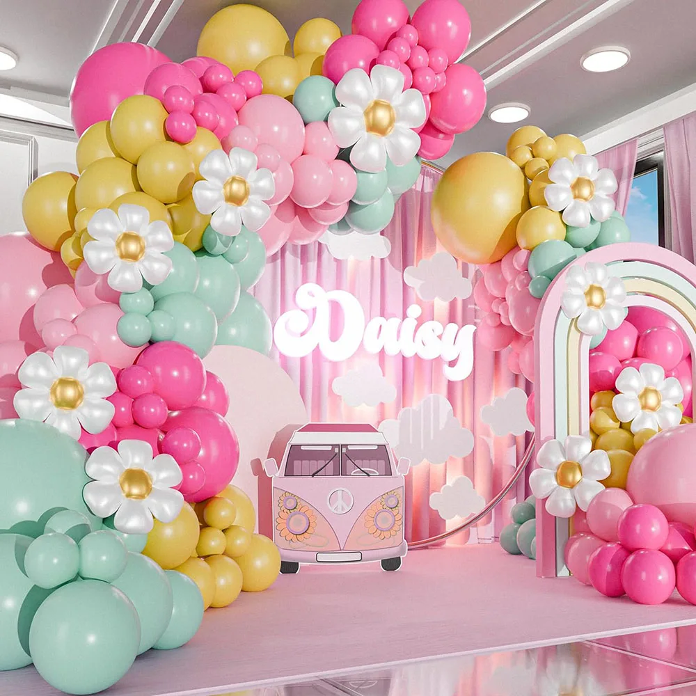 All-In-One-Gänseblümchen-Ballongirlanden-Set und gewölbt, kommt mit Gänseblümchen – klein und groß, hellrosa, grün, gelb, zwei modische Luftballons – Gänseblümchen-Party-Dekoration für Geburtstag oder Image