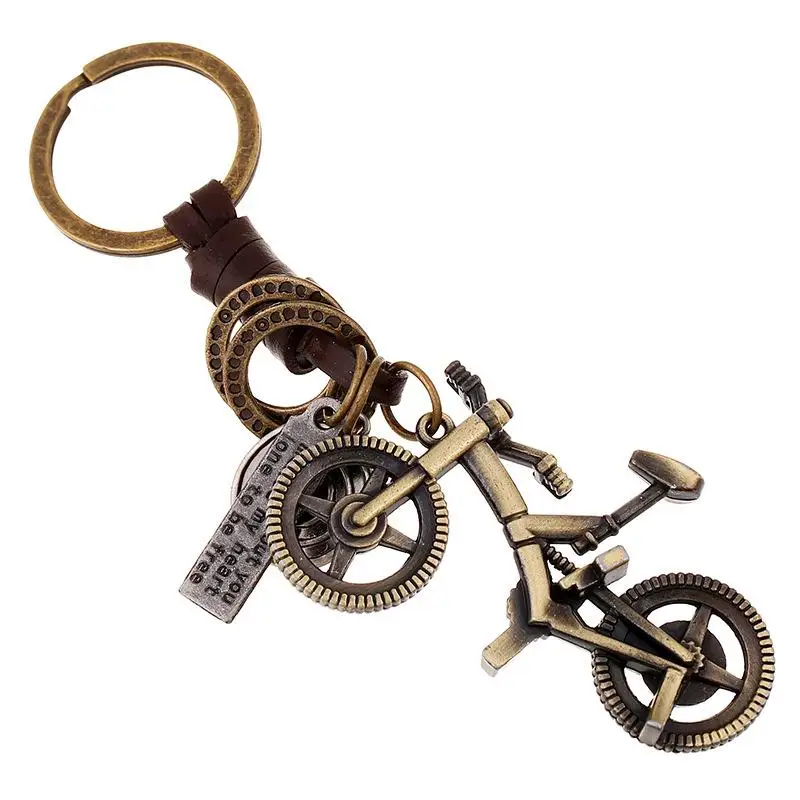1 Stück Vintage Bronze Fahrrad Schlüsselanhänger Herren Charm Punk Schlüsselanhänger handgefertigt aus echtem Leder Schlüsselanhänger Taschenzubehör Image