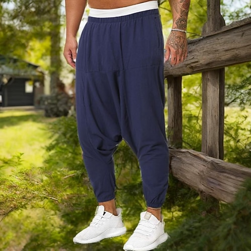 Herren Jogginghose Jogger Leinenhose Hose Hosen Sommerhosen Schlabberhose Elastische Taille Drop Schritt Glatt Komfort Atmungsaktiv In voller Länge Heim Casual Täglich Modisch Yoga Schwarz Rote Image