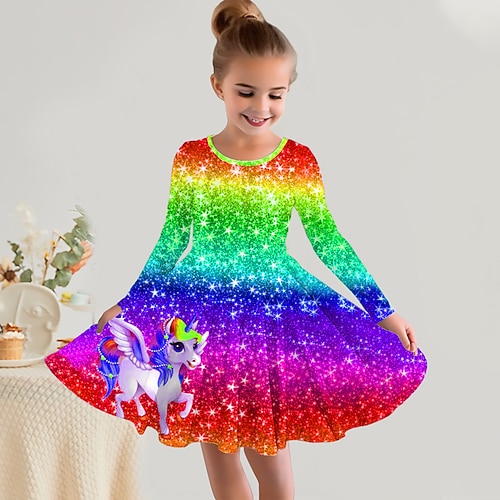 Mädchen' 3D Regenbogen Einhorn Kleid Langarm 3D-Druck Herbst Winter Urlaub Sport Natur Täglich Kuschelig Brautkleider schlicht Schön kinderkleidung 3-12 Jahre Casual kleid A Linie Kleid Übers Knie Image