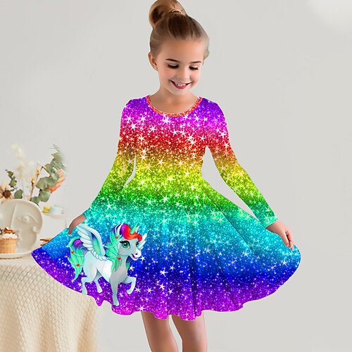 Mädchen' 3D Regenbogen Einhorn Kleid Langarm 3D-Druck Herbst Winter Urlaub Sport Natur Täglich Kuschelig Brautkleider schlicht Schön kinderkleidung 3-12 Jahre Casual kleid A Linie Kleid Übers Knie Image
