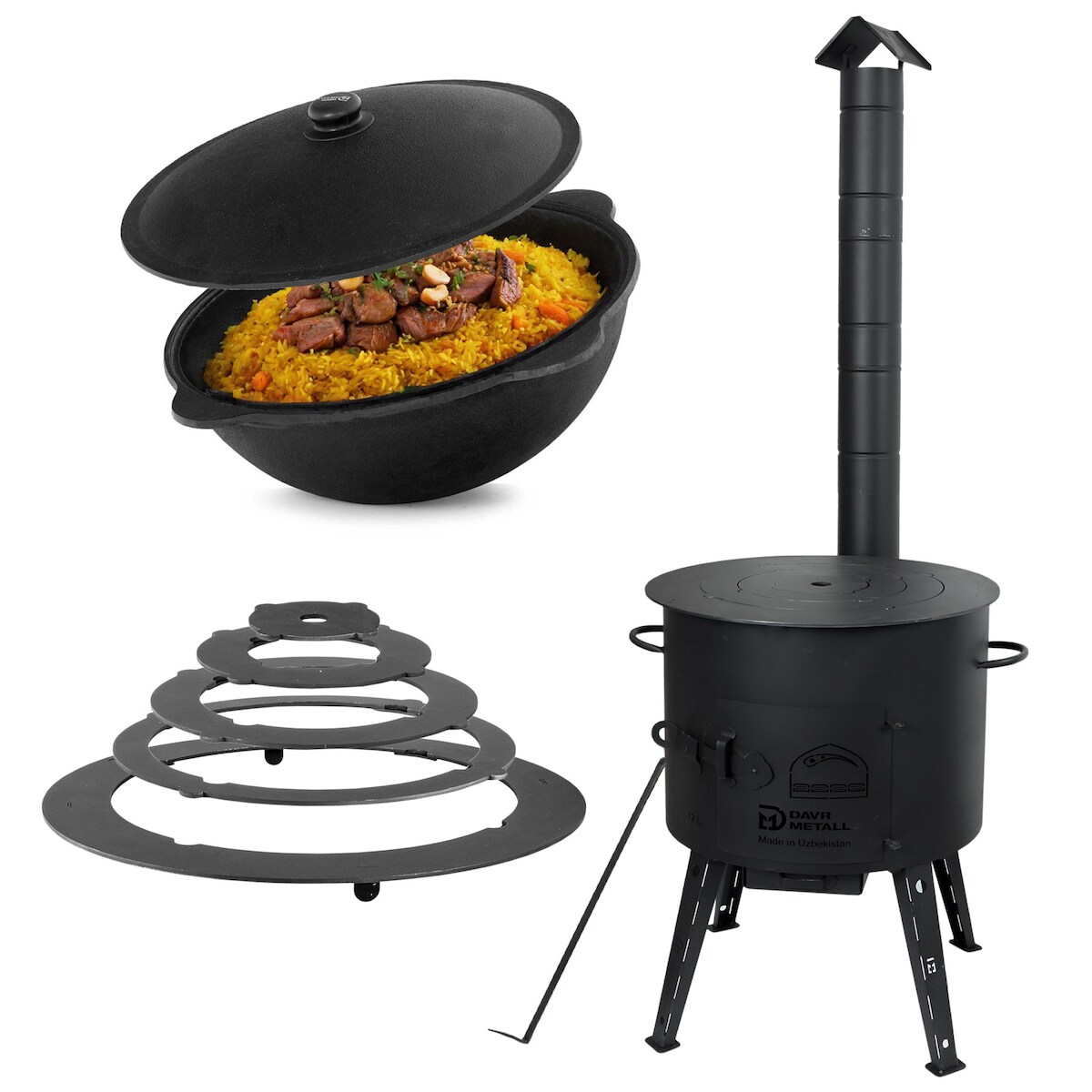 4BIG.fun Ø44 Uchag 2mm stahl 16L Kazan Utschak mit Schornstein Adapter-Ringe Abzugsrohr Utschag Ofen Kasan Feuerstelle Feldküche Außenküche Eintopfofen Image