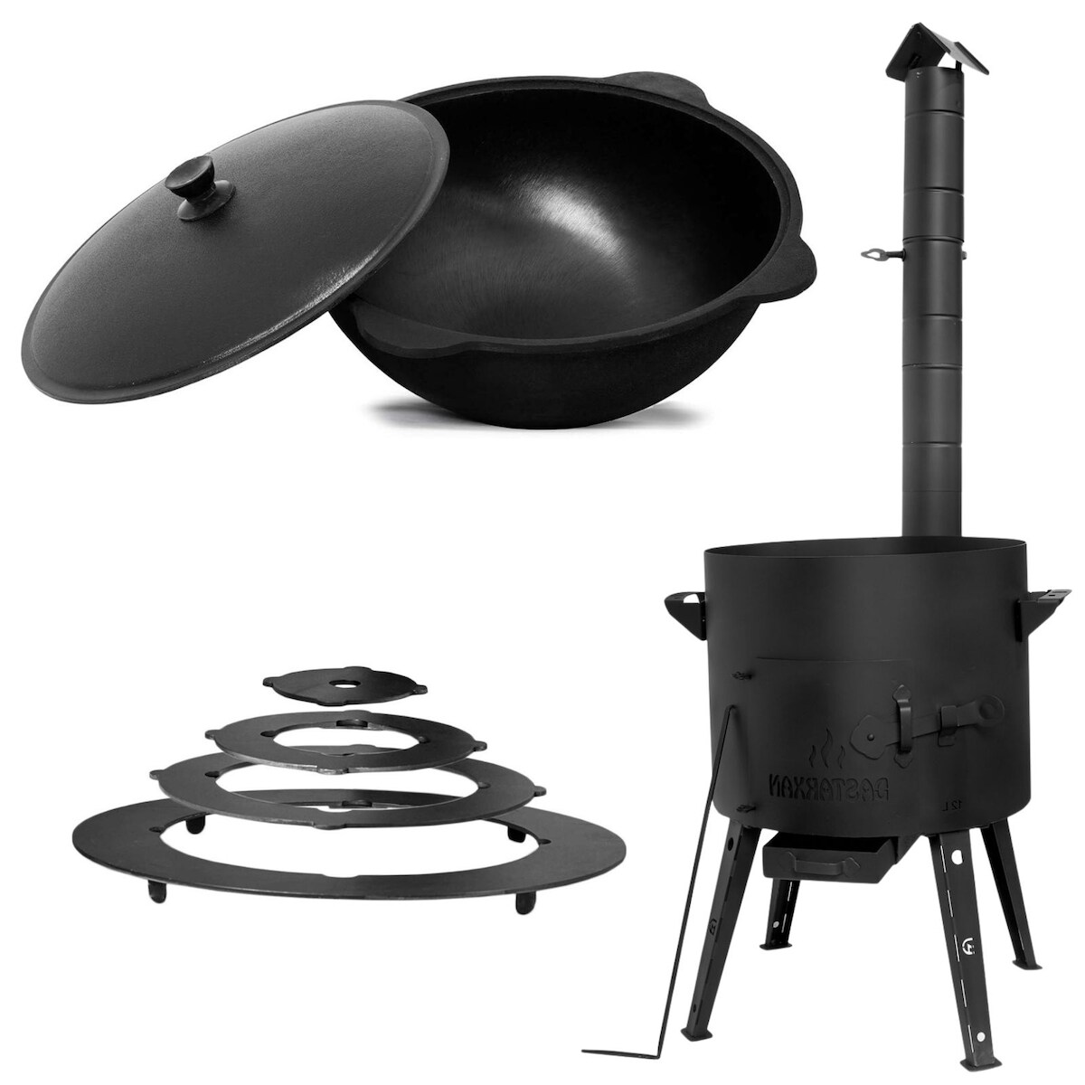 4BIG.fun Ø40 Uchag 2mm Stahl 12L Kazan Utschak mit Schornstein Adapter-Ringe Abzugsrohr Utschag Campingofen Kasan Feuerstelle Feldküche Außenküche Eintopfofen Image