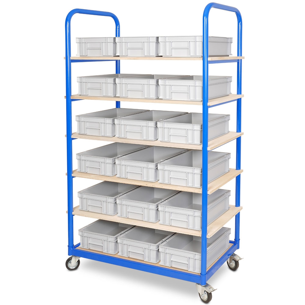 BRB Etagenwagen mit 6 Ebenen, BxTxH 1050x500x1690 mm, 4 Lenkrollen, 2 Rollen mit Feststellbremse mit 18 Euroboxen BxTxH 400x300x120 mm Image