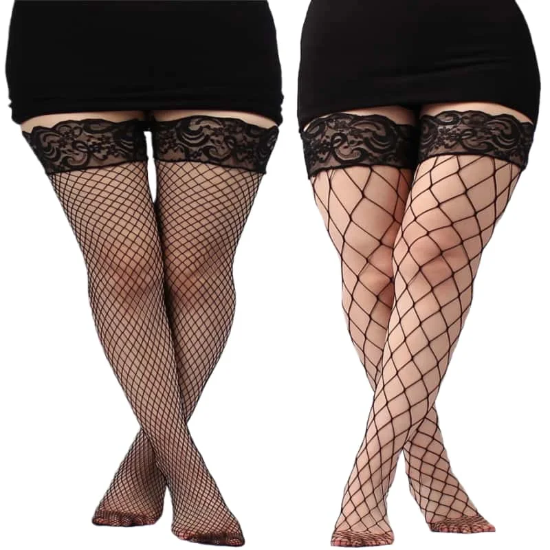 FREEAUCE Plus Size Hohl Mesh Fishnet Sexy Overknee Oberschenkel Hohe Socken Schwarz Spitze Top Stay Up Anti-slip Strümpfe für Frauen XXXL Image