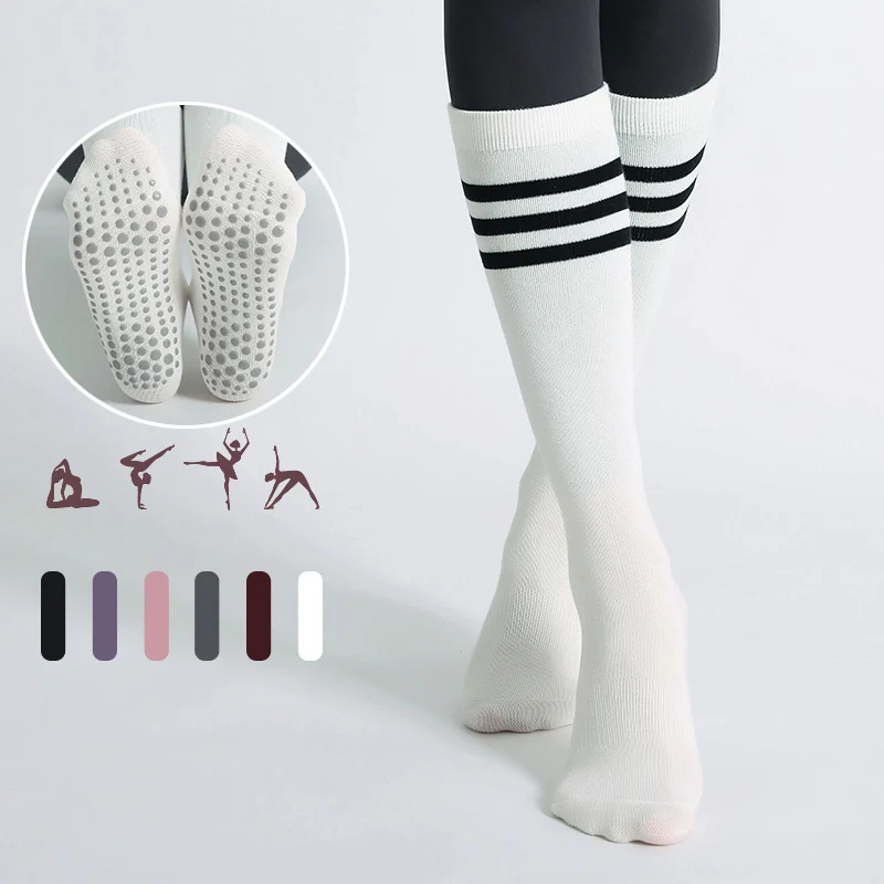 Mid-rohr Frauen Yoga Socken Gestreiften Baumwolle Fitness Atmungsaktive Pilates Socken Herbst Winter Nicht-Slip Gym Dance Ballett grip Socken Image