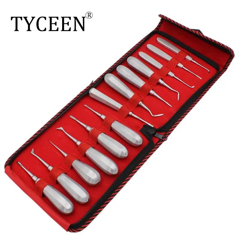 13-teiliges Dental-Aufzugsset, hergestellt in Pakistan, Zahnextraktion, Zahnextraktionszange, gebogener Wurzellift aus Edelstahl Image