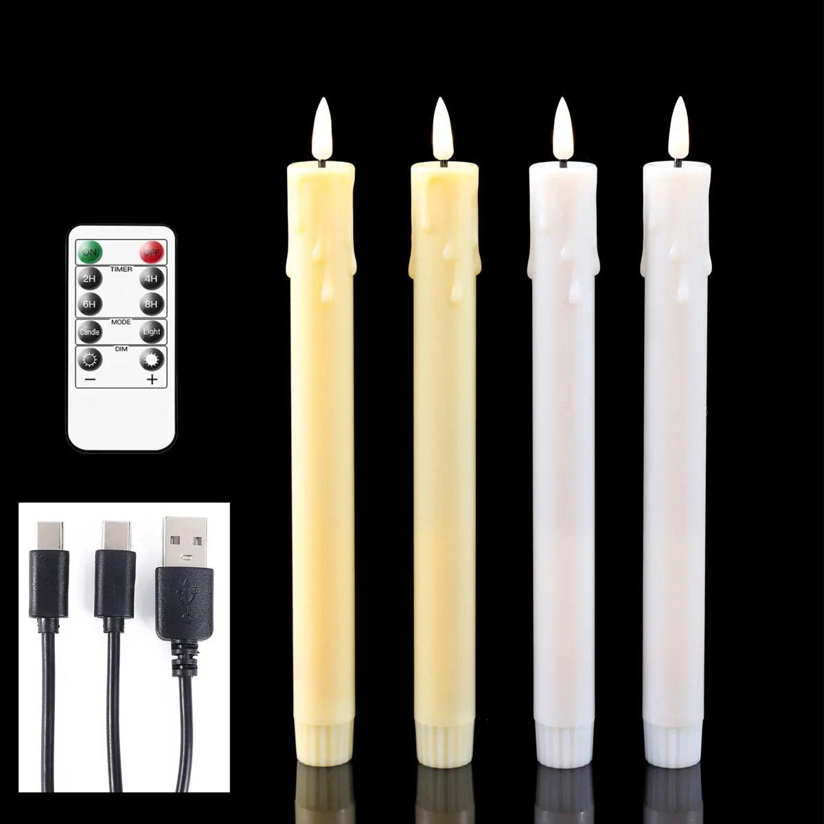 2/4 Stück warmweiße 25,4 cm dekorative wiederaufladbare USB-Kerzen mit Fernbedienung, Weihnachts-LED-Spitzkerzen, Hochzeitskerzen aus Kunststoff Image