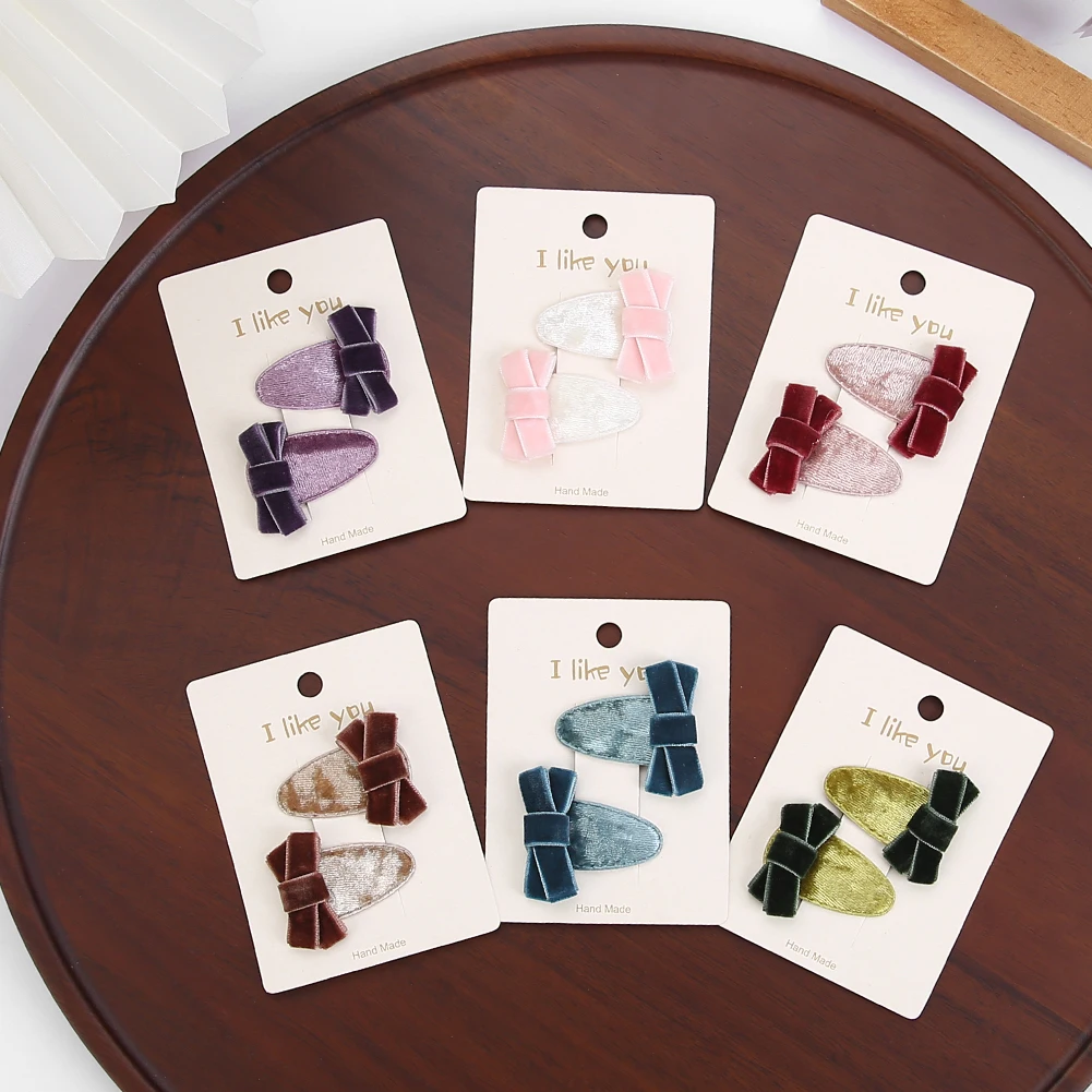 2 teile/satz koreanische Samt Mini Schleifen Haars pangen Neugeborene Mädchen Vintage Haarnadeln Bobby Legierung Snap Haars pangen niedlichen Kind Haarschmuck Image