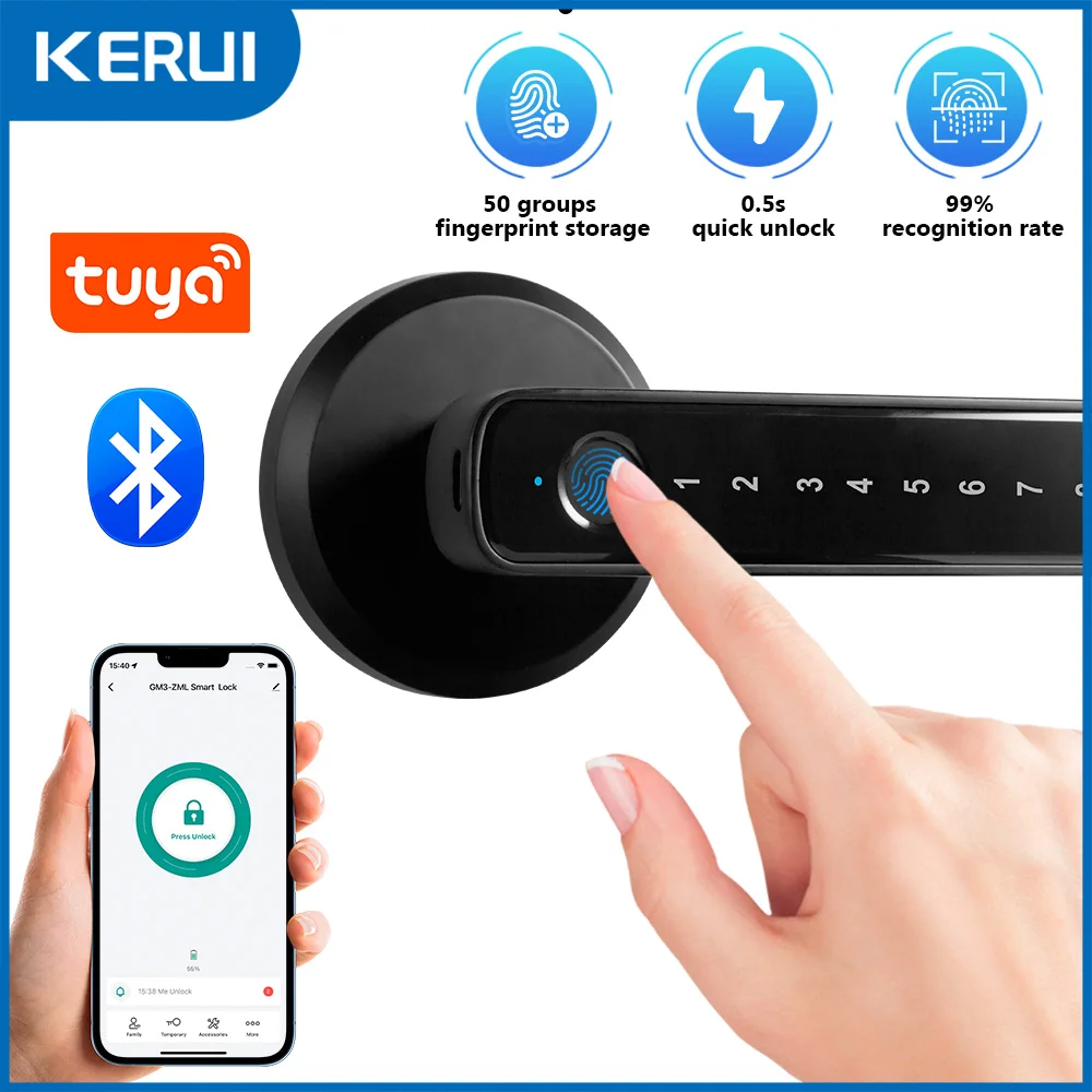 KERUI Tuya Smart Fingerabdruck Türschloss Elektronisches Türschloss mit Fingerabdruck/Passwort/Schlüssel/Bluetooth/Tuya APP Entsperren