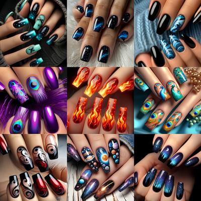TEMU 216pcs Press-on Nail Stickers Set, Color Ballet Nail Art With , Long Length, Animal & Leaves Patterns, Fashionable Fake Nails In Red, Purple, Blue Tones Image