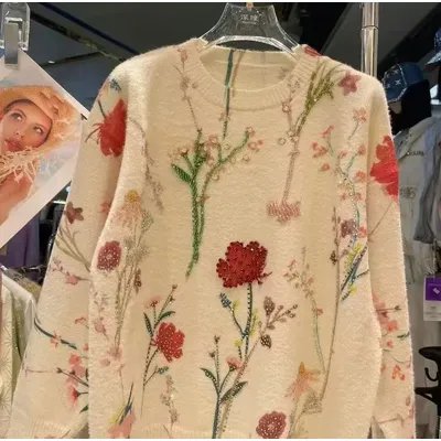 High-end Sparkle Diamonds Flowers Printed Sweater Women's Autumn Winter Clothes New Trend Outerwears