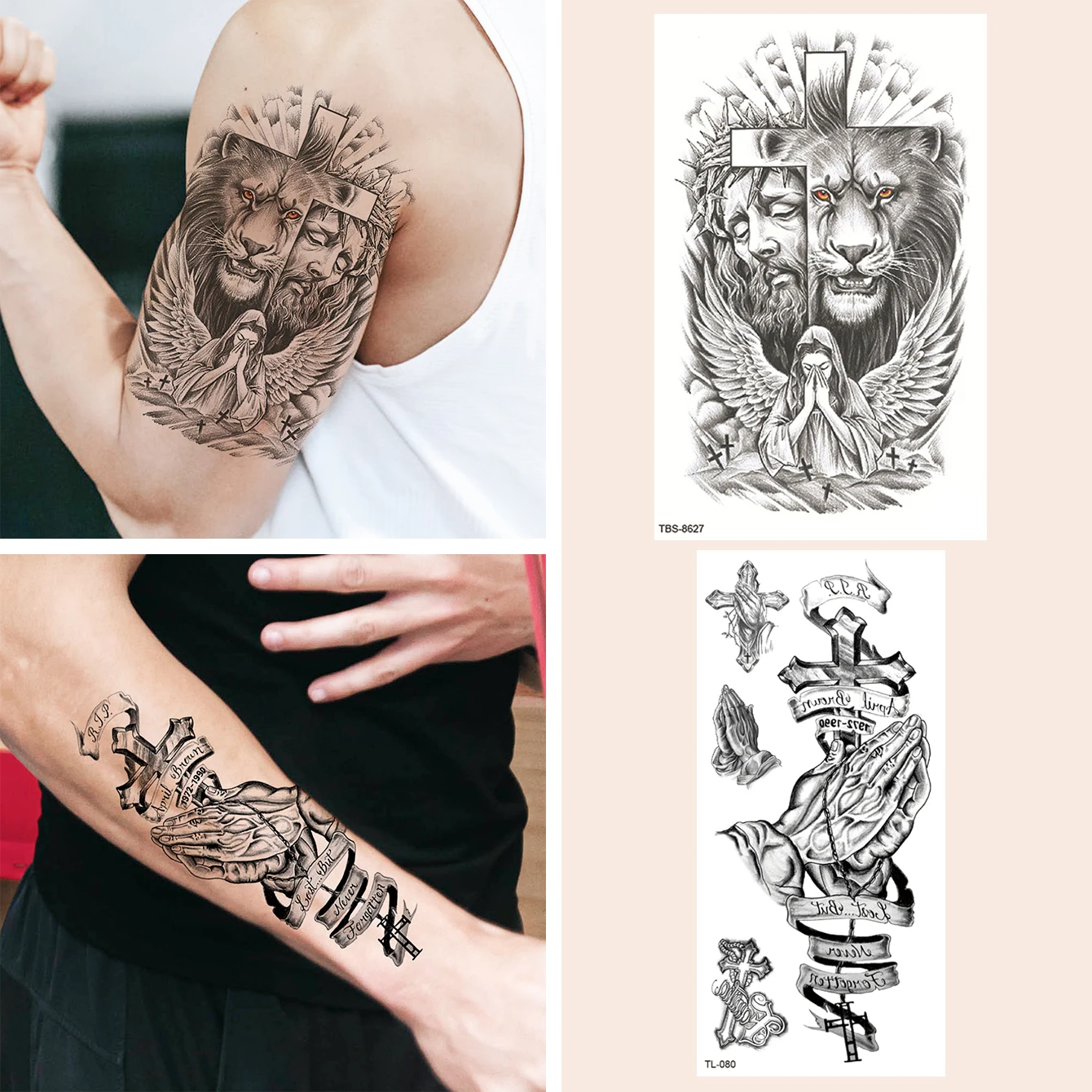 2 stücke wasserdichte temporäre Tattoo Aufkleber Kreuz Engel Jesus Löwe Hände gefälschte Tatto Flash Tattoo Tato für Mädchen Frauen Männer Image