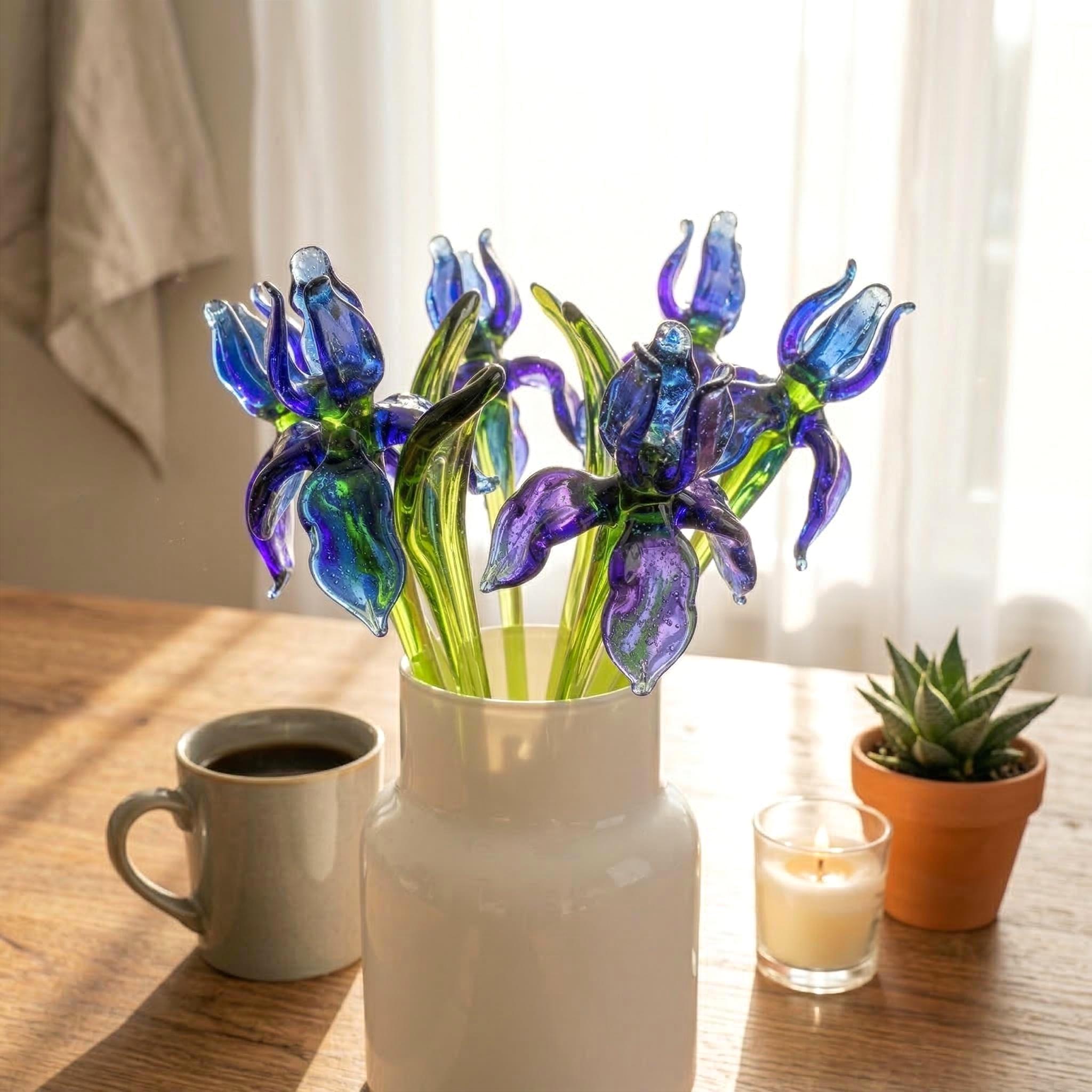Iris in vetro blu, fiori in vetro, fiori in vetro per il mese di nascita, bouquet di fiori in vetro soffiato, decorazioni da scrivania per donne, rega