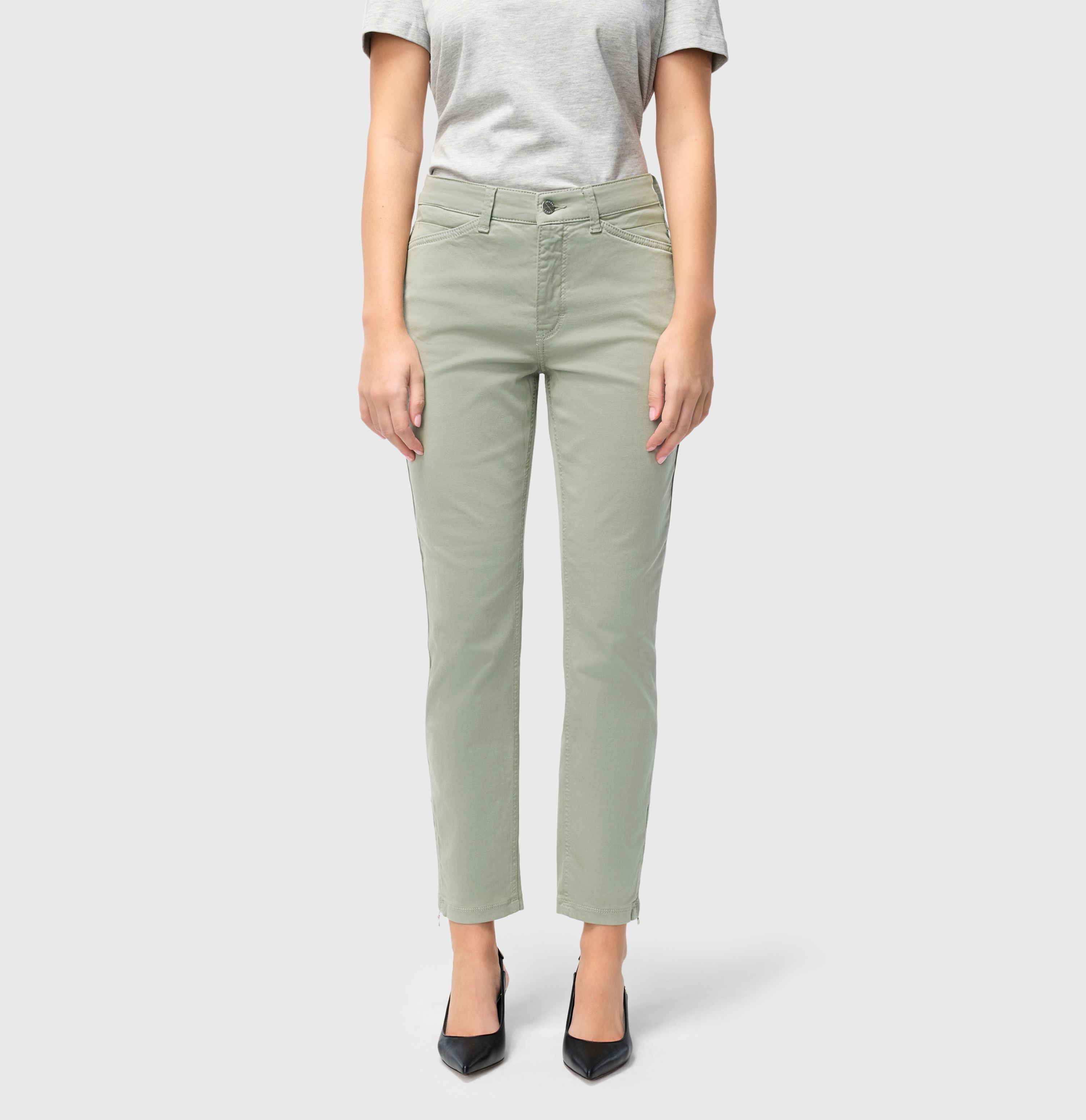 7/8-Jeans MAC "Dream Chic", Damen, Gr. 44, Länge 27, grün (dried rosemary ppt), Denim/Jeans, Obermaterial: 88% Baumwolle, 8% Elastomultiester, 4% Elasthan, sehr figurbetont 7/8-Länge, Jeans, verkürzte Form mit Reißverschluss